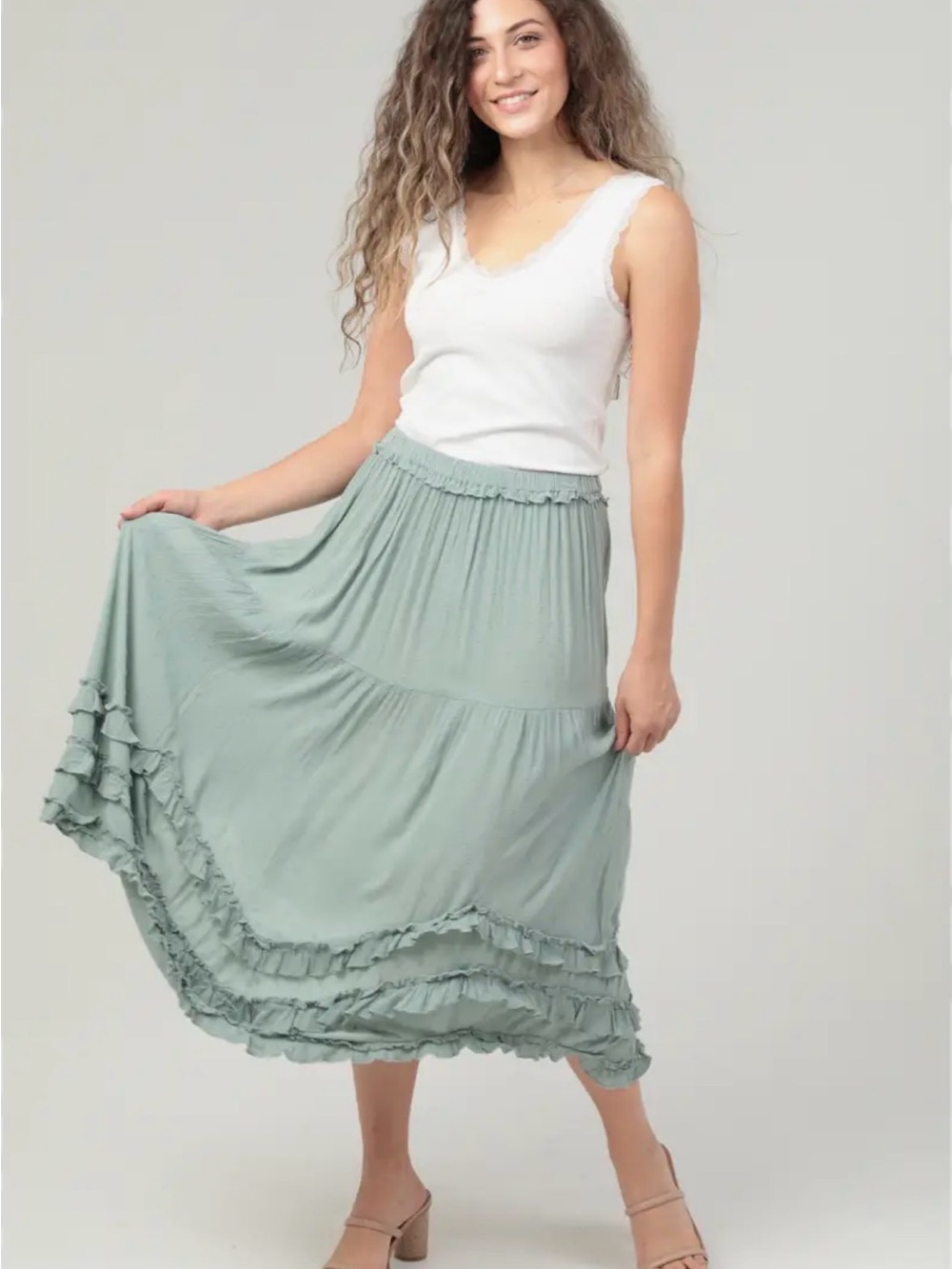 Nostalgia Sage Green Tiered Maxi Skirt with Ruffles - Picture 5 of 6